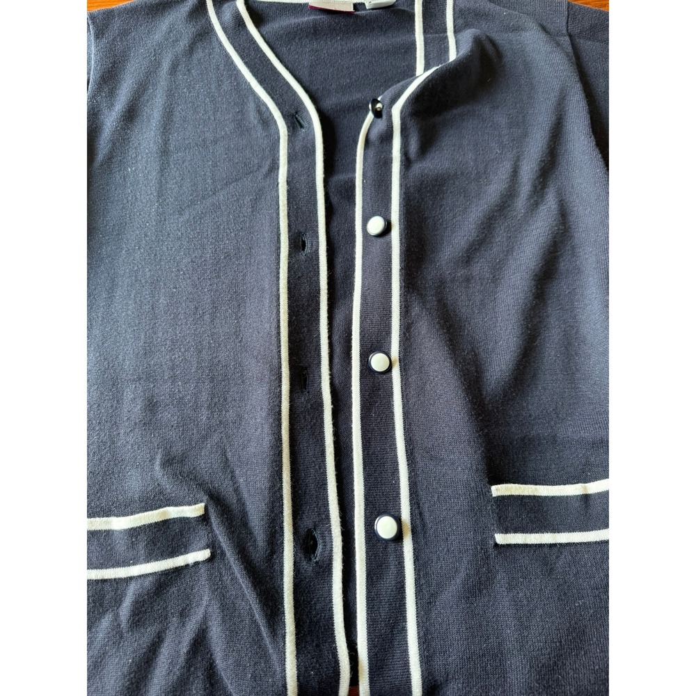 Vintage TanJay Navy Blue White Striped Button Front Cardigan Sweater Medium